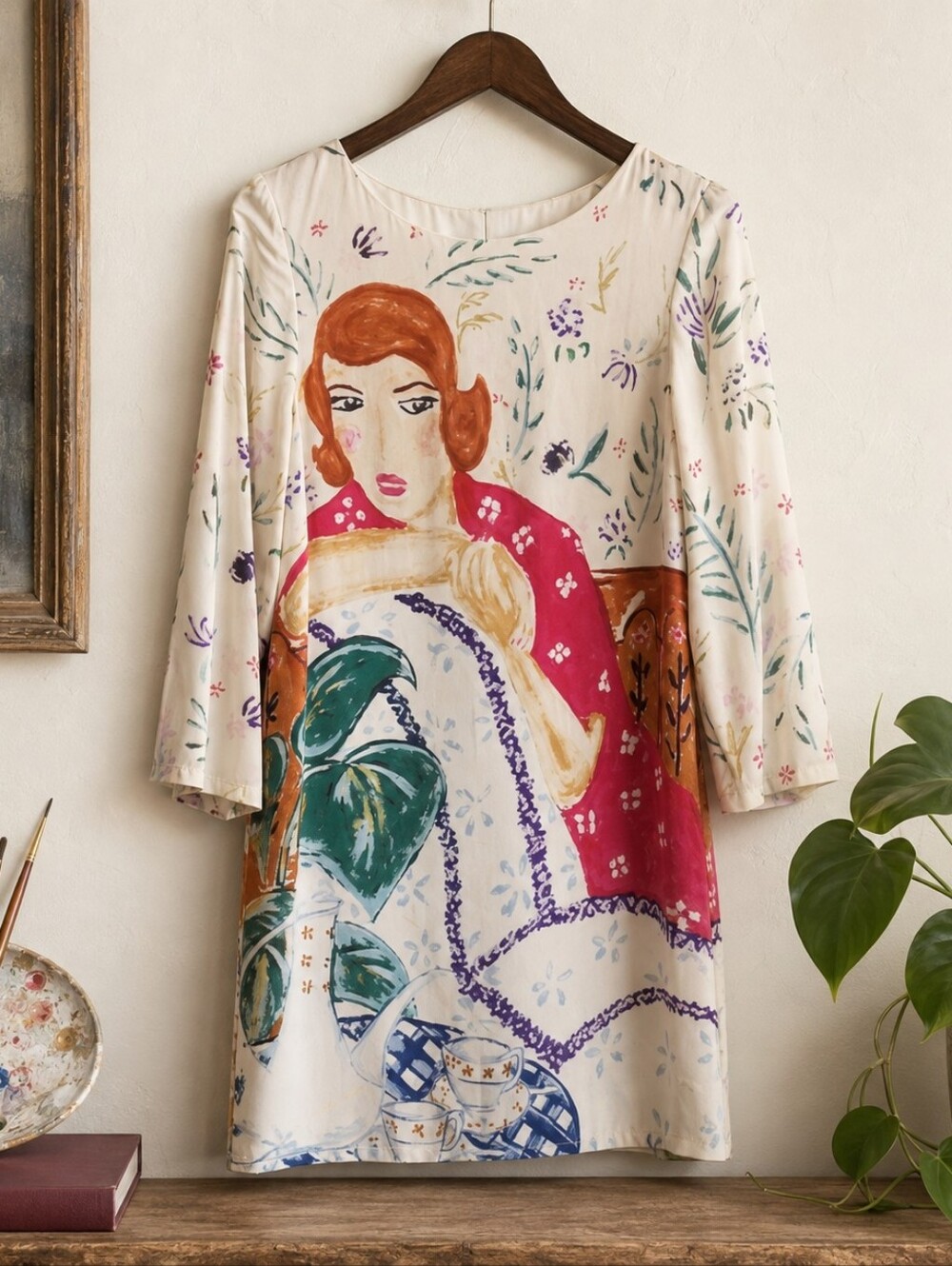 Anthropologie HD in Paris Silk Dress Art Print Figurative Boho Cottagecore